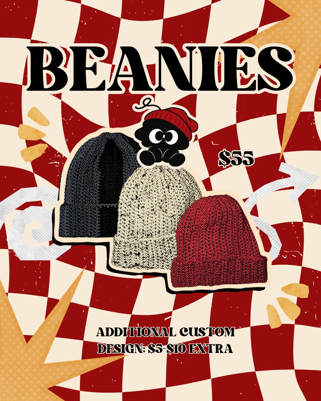 Beanies: black, cream, and red crochet beanies, $55, additional custom design $5 to $10 extra