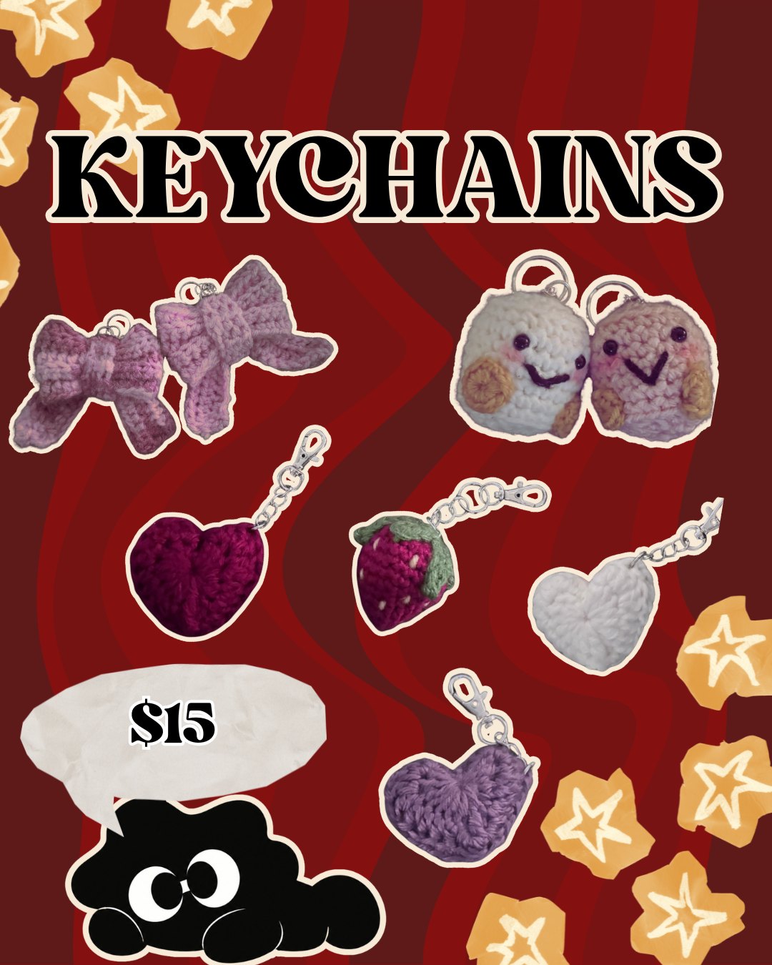 Keychains: crochet bows, hearts, a strawberry, and smiling faces, $15