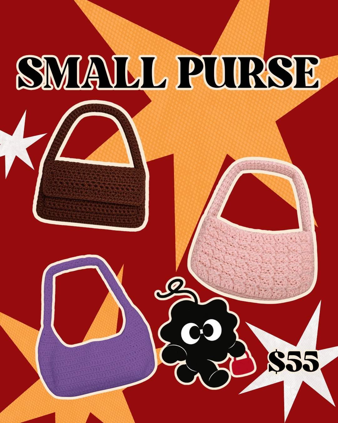 Small purse: brown, pink, and purple crochet shoulder purses, $55