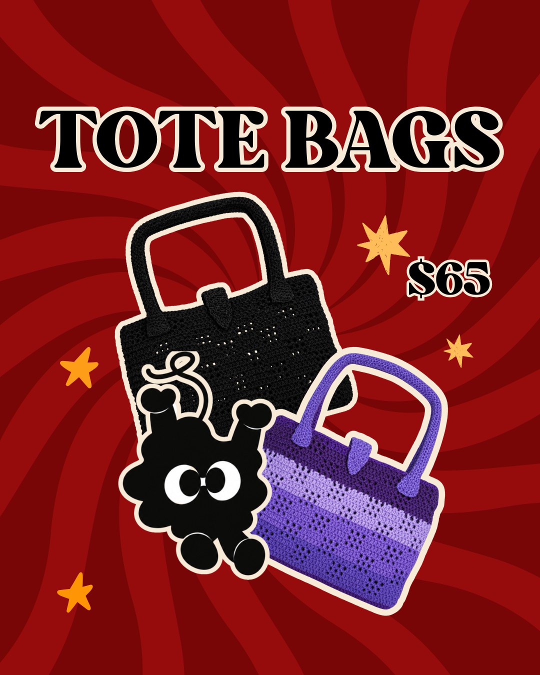 Tote bags: black and purple crochet totes, $65