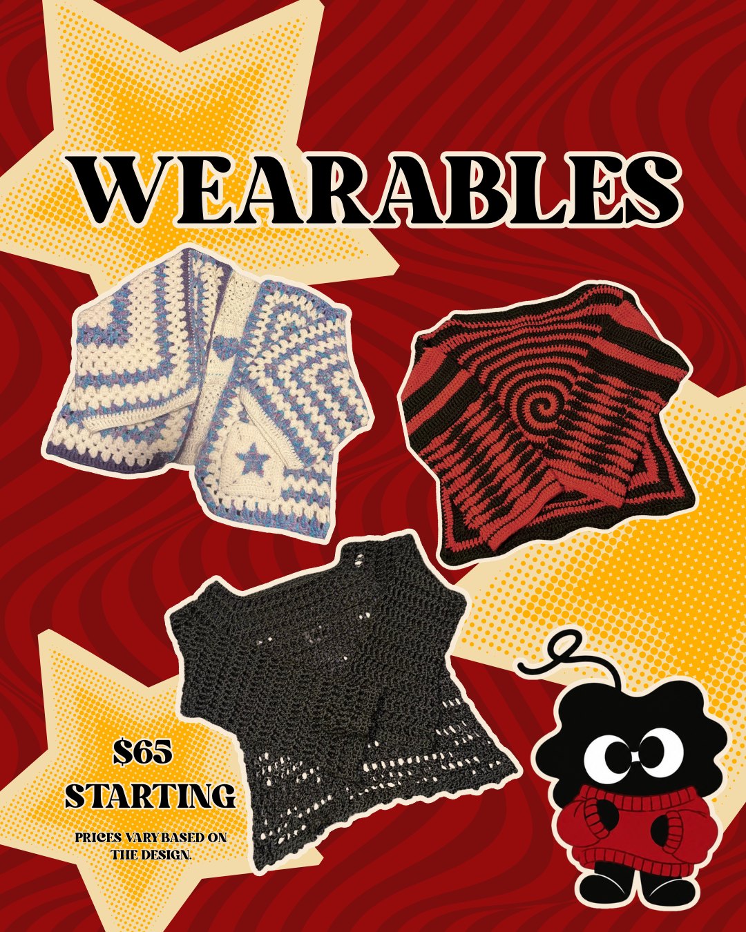 Wearables: crochet cardigans, a spiral sweater, and a black top, starting at $65, prices vary by design