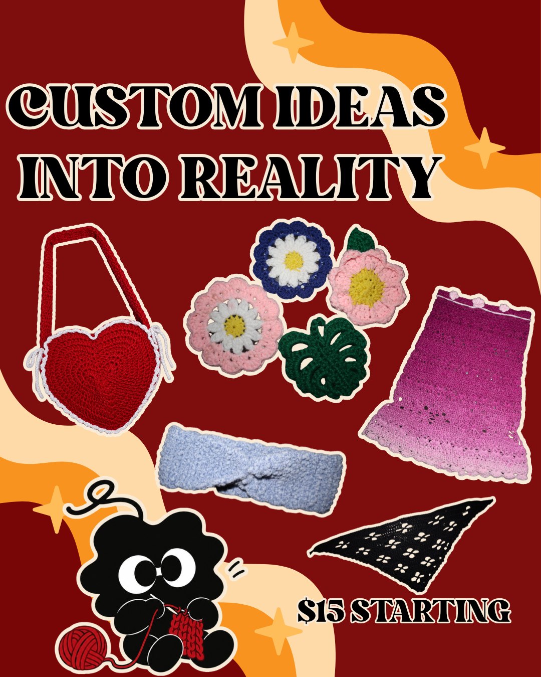 Custom ideas into reality: heart bag, flower coasters, headband, bandana, and skirt, starting at $15