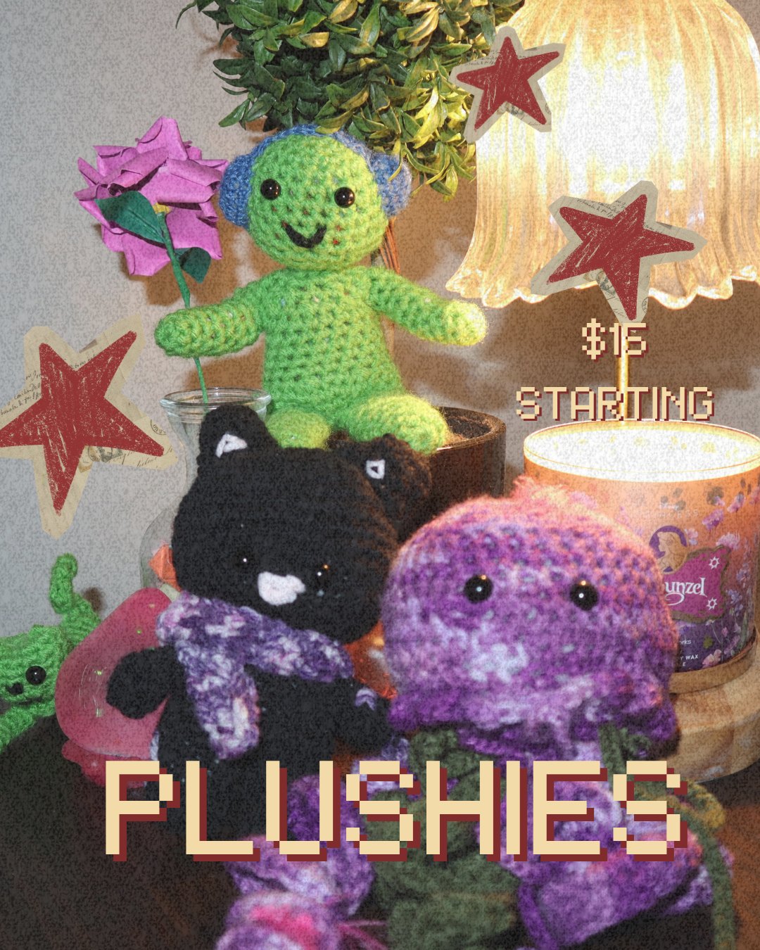 Plushies: green, black cat, and purple crochet plushies, starting at $15
