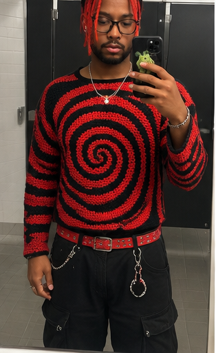 Red and black spiral crochet sweater, modeled